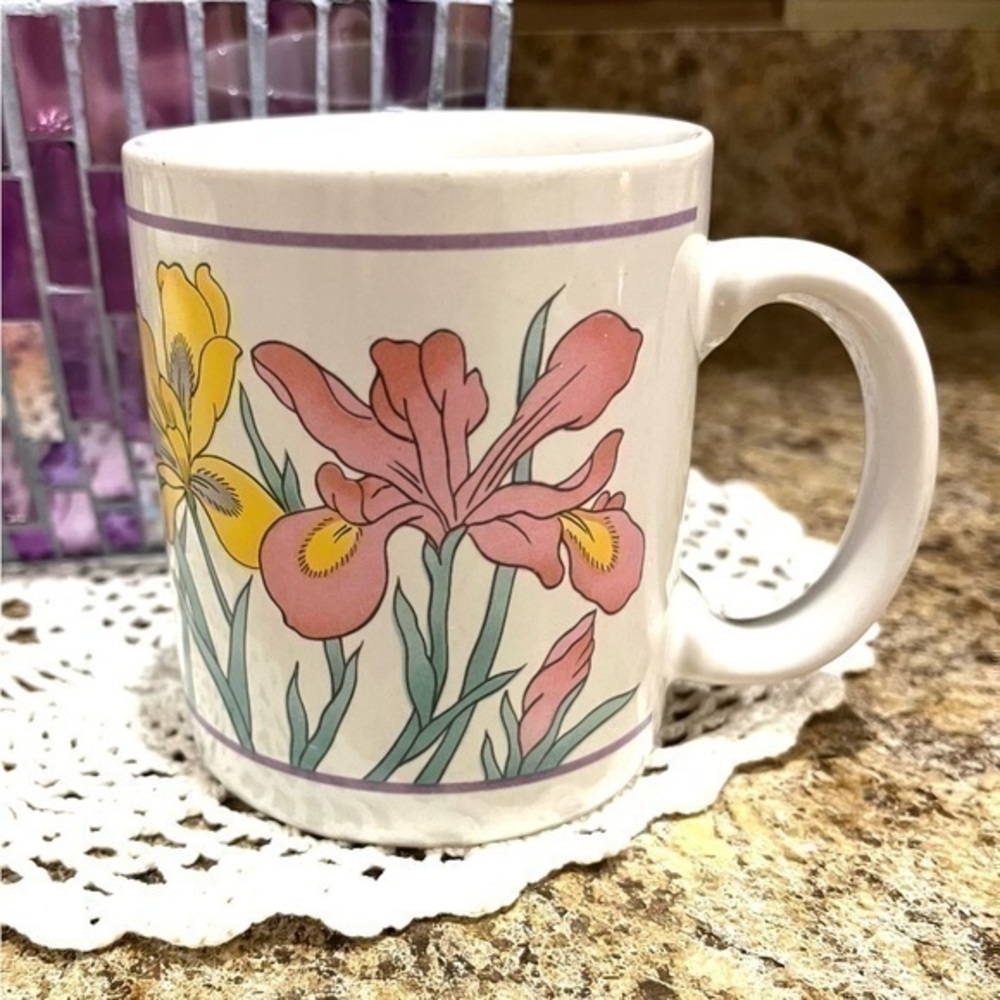 Vintage Pink and Yellow Iris Mug Floral Coffee Cup